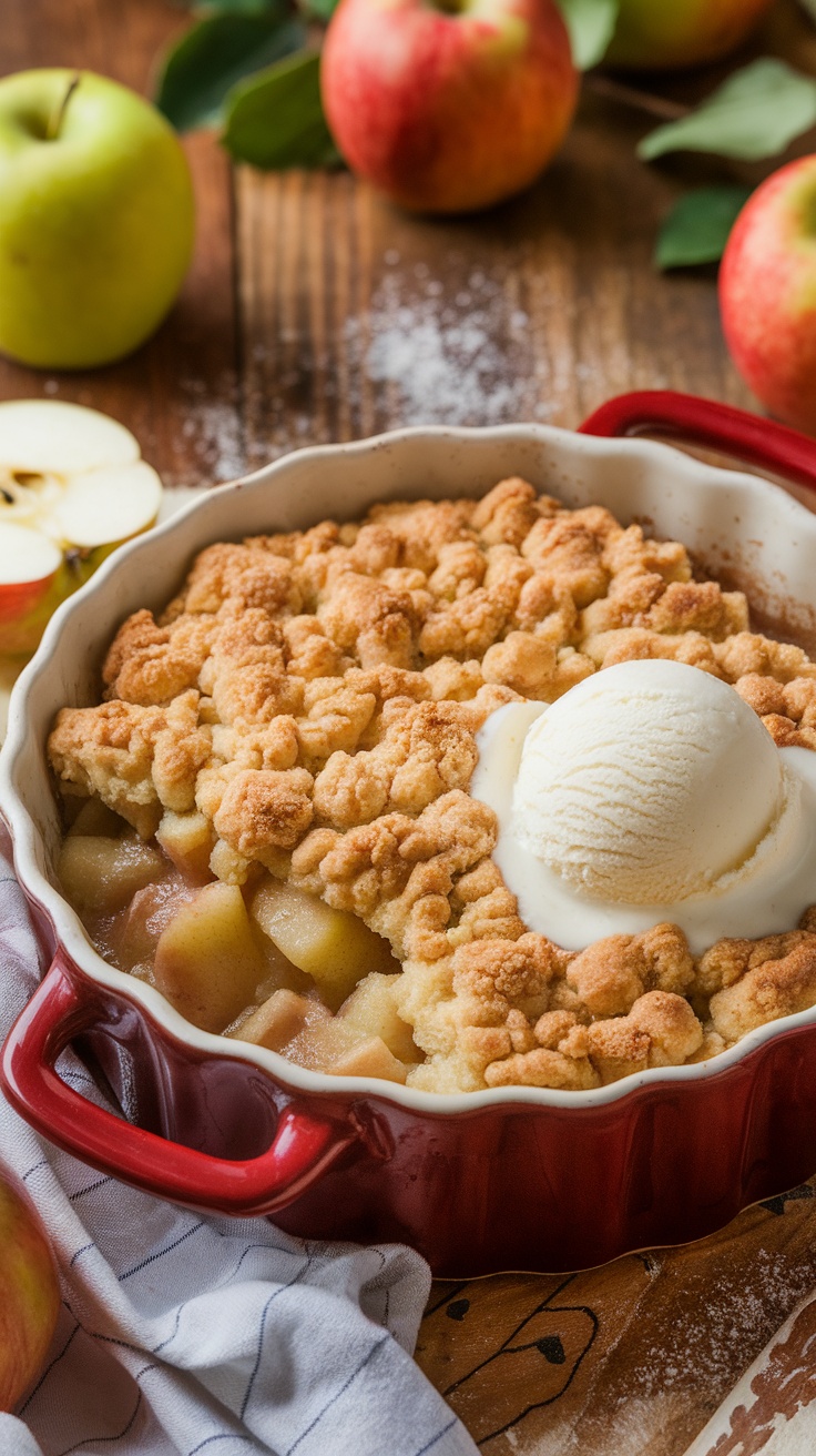 Southern Apple Cobbler with a golden crumble topping, served with vanilla ice cream and fresh apples.